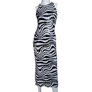 Zebra Print Sequin Midi Dress Medium Y2K Club Glam Bodycon Baddie Edgy Grunge
